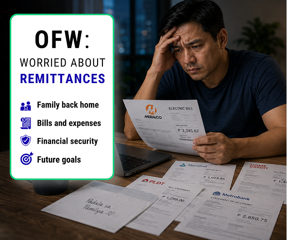 An overseas Filipino worker reviewing household bills and remittance obligations