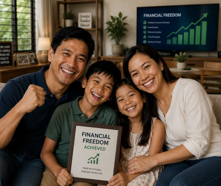 A Filipino family celebrating a financial milestone together
