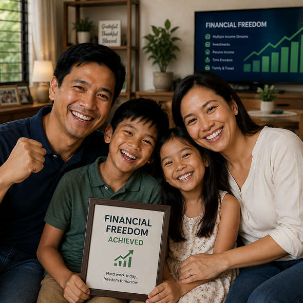 A Filipino family celebrating a financial milestone together