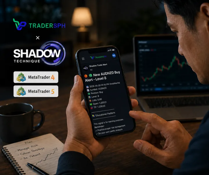 An OFW reviewing the Shadow Technique trading reference on a phone